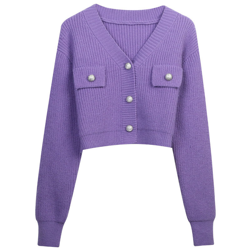 Sweater Loose Women Autumn y2k Cropped V-neck Adult Elegant Lady Knitwear Popular Solid 2022 Purple Korean Style Lovely Cardigan alx