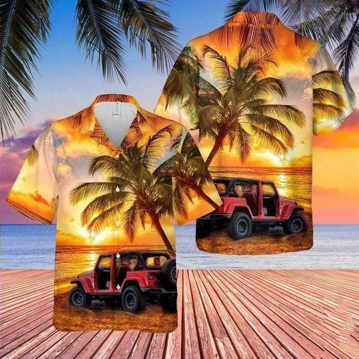 Beautiful View Of Jeep On Sunset Beach Unisex Hawaiian Shirts