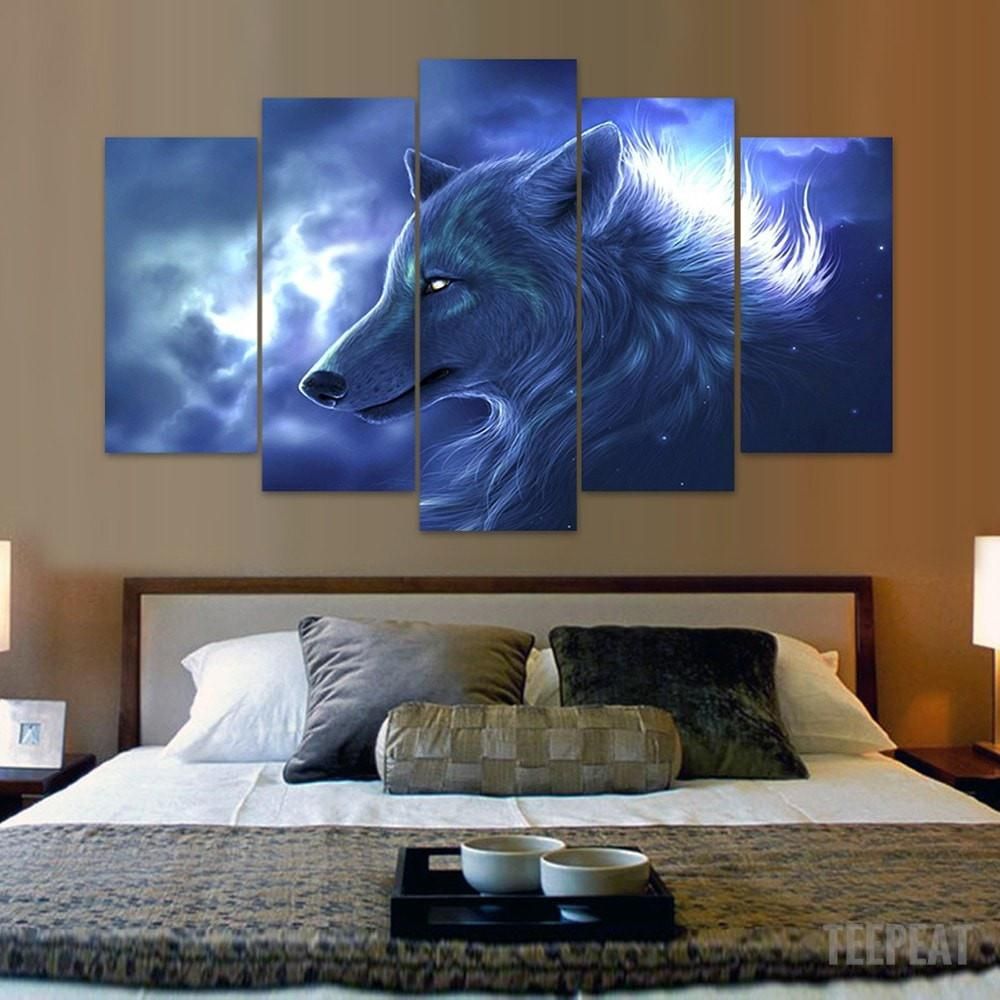 Wolf In The Clouds Abstract Animal 5 Panel Canvas Art Wall Decor