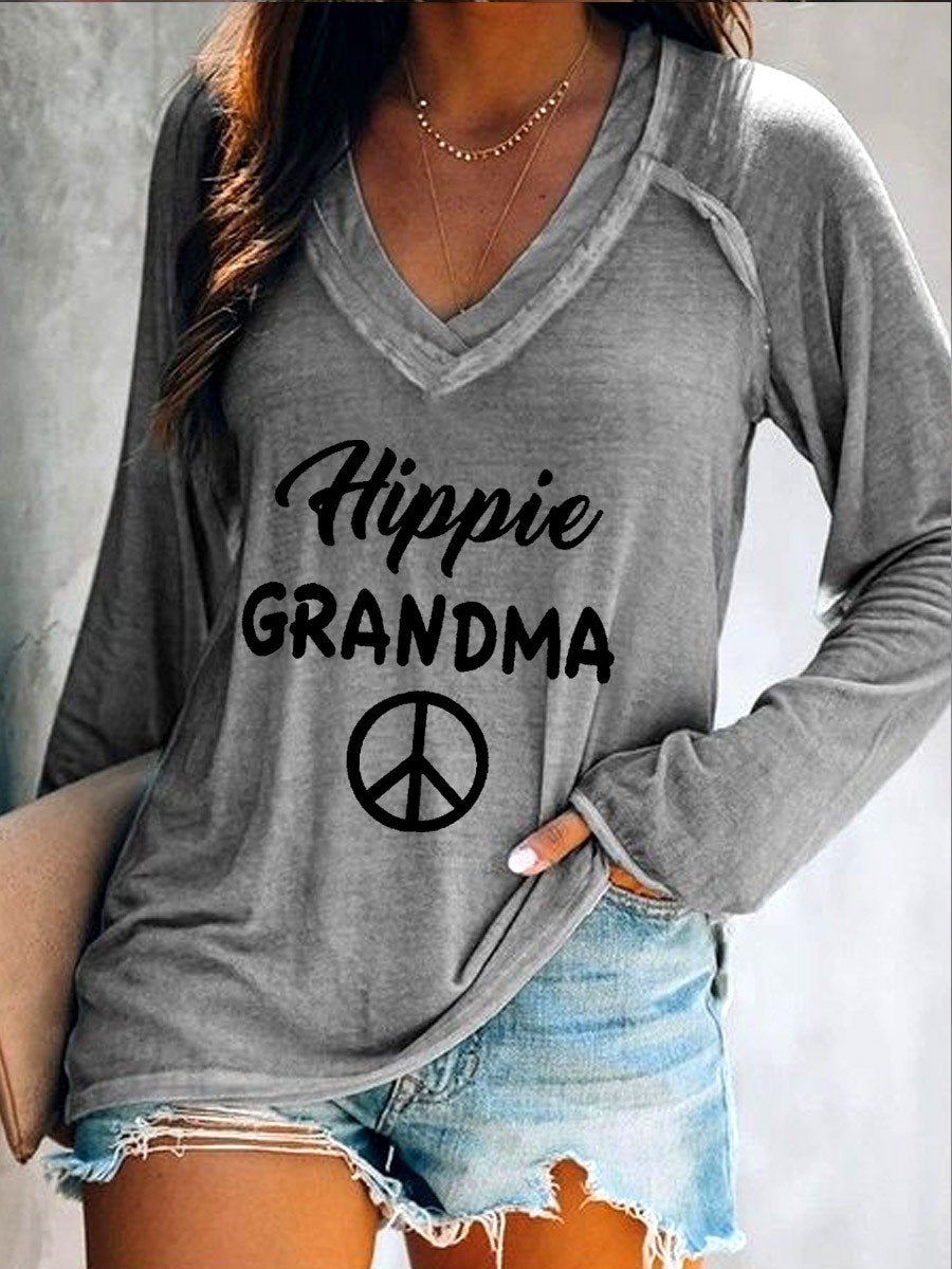 Women’S Hippie Grandma Peace And Love Casual Long Sleeve V-Neck T-Shirt