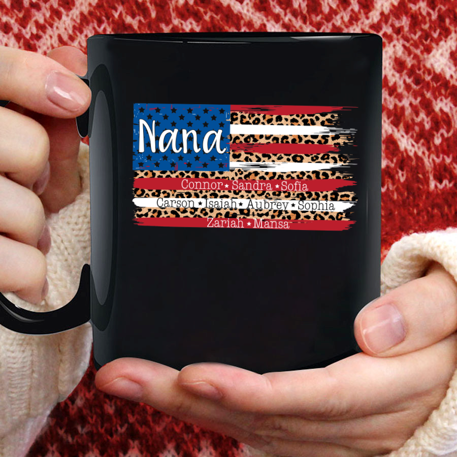 American Flag Nana With Grandkids Leopard Mug