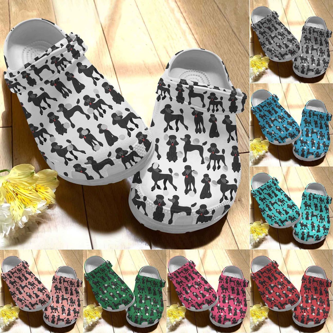 Poodle Personalize Clog, Custom Name, Text, Fashion Style For Women, Men, Kid, Print 3D Whitesole Black Poodle