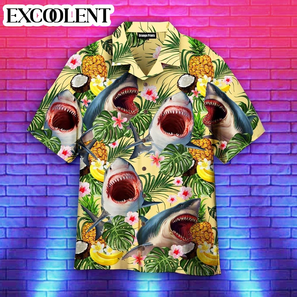 Shark Attack Pineapple Tropical Aloha Hawaiian Shirts – Funny Hawaiian Shirts – Mens Aloha Shirt