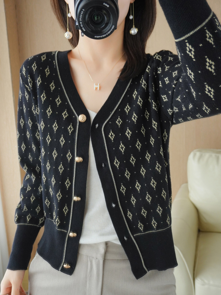 Spring And Summer New Ladies Round Neck Printed Knitted Cardigan High-end Fashion All-match Elegant Long-sleeved Sweater Top alx