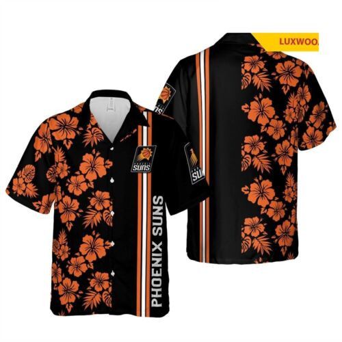 Nba Phoenix Suns Orange Black Tropical Flowers Trendy Hawaiian Shirt Aloha Shirt