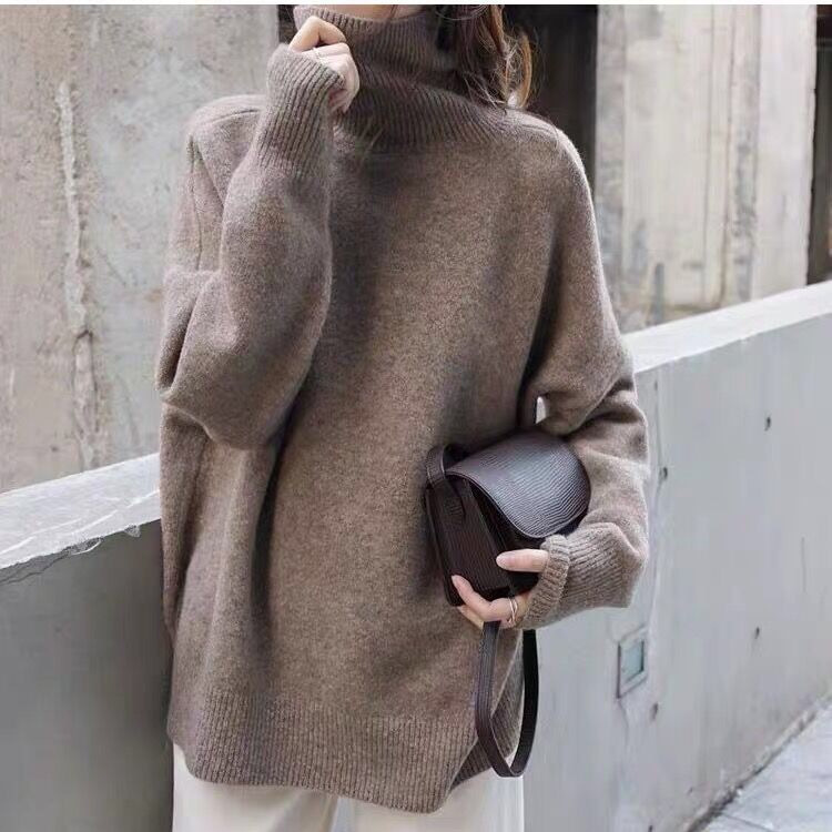 Solid Color High Neck Pullover Women’s 2021 Autumn Winter New Korean Loose Lazy Wind Warm Knitted Bottomed Sweater Women QWU7 alx