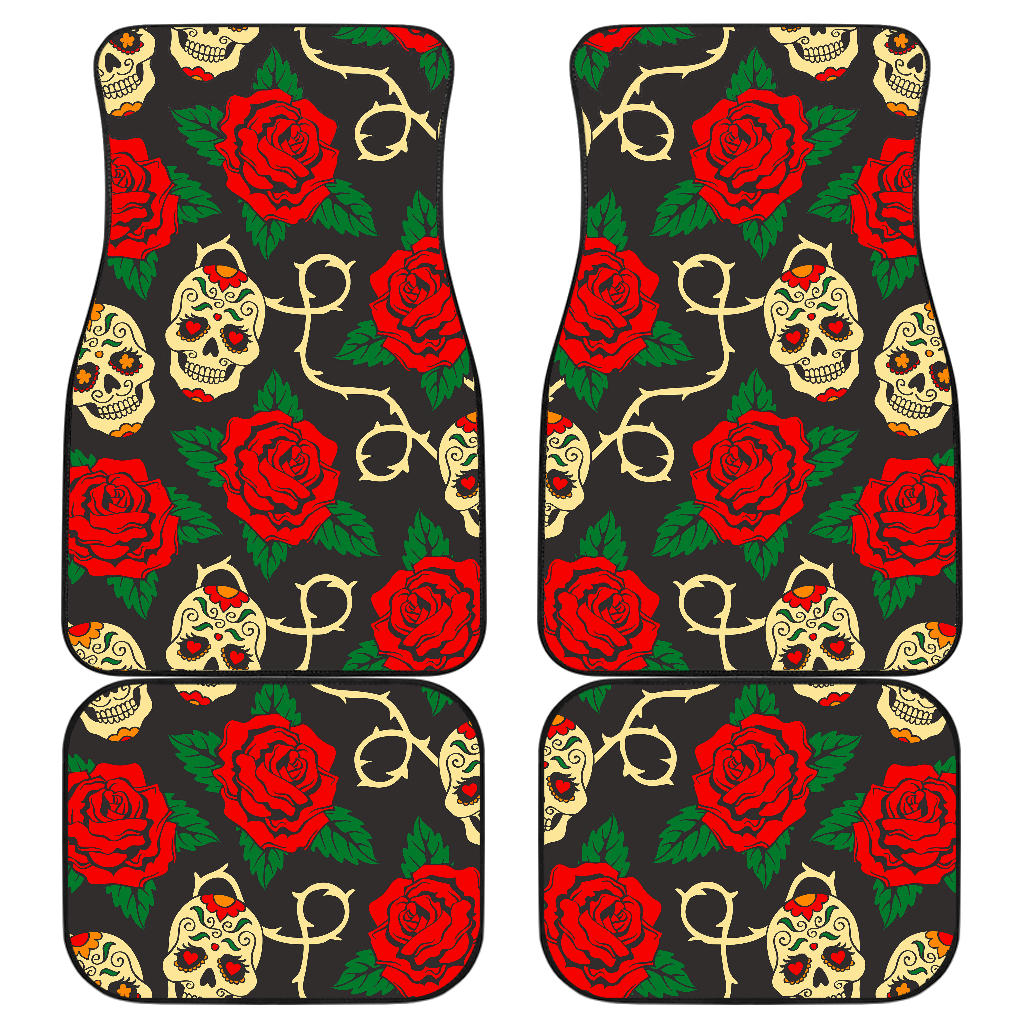 Rose Flower Sugar Skull Pattern Print Front And Back Car Floor Mats, Front Car Mat