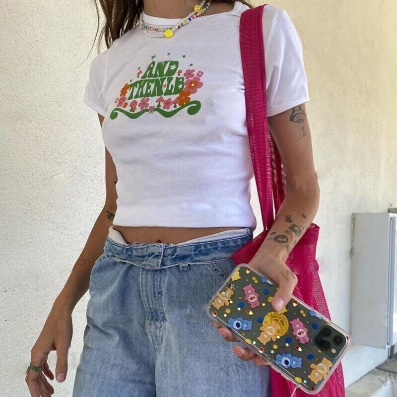 y2k Print White Crop Tee, 2000s streetwear punk fairy slim crop top summer vintage grunge women Tee Y2k aesthetic cute 90s graphic print