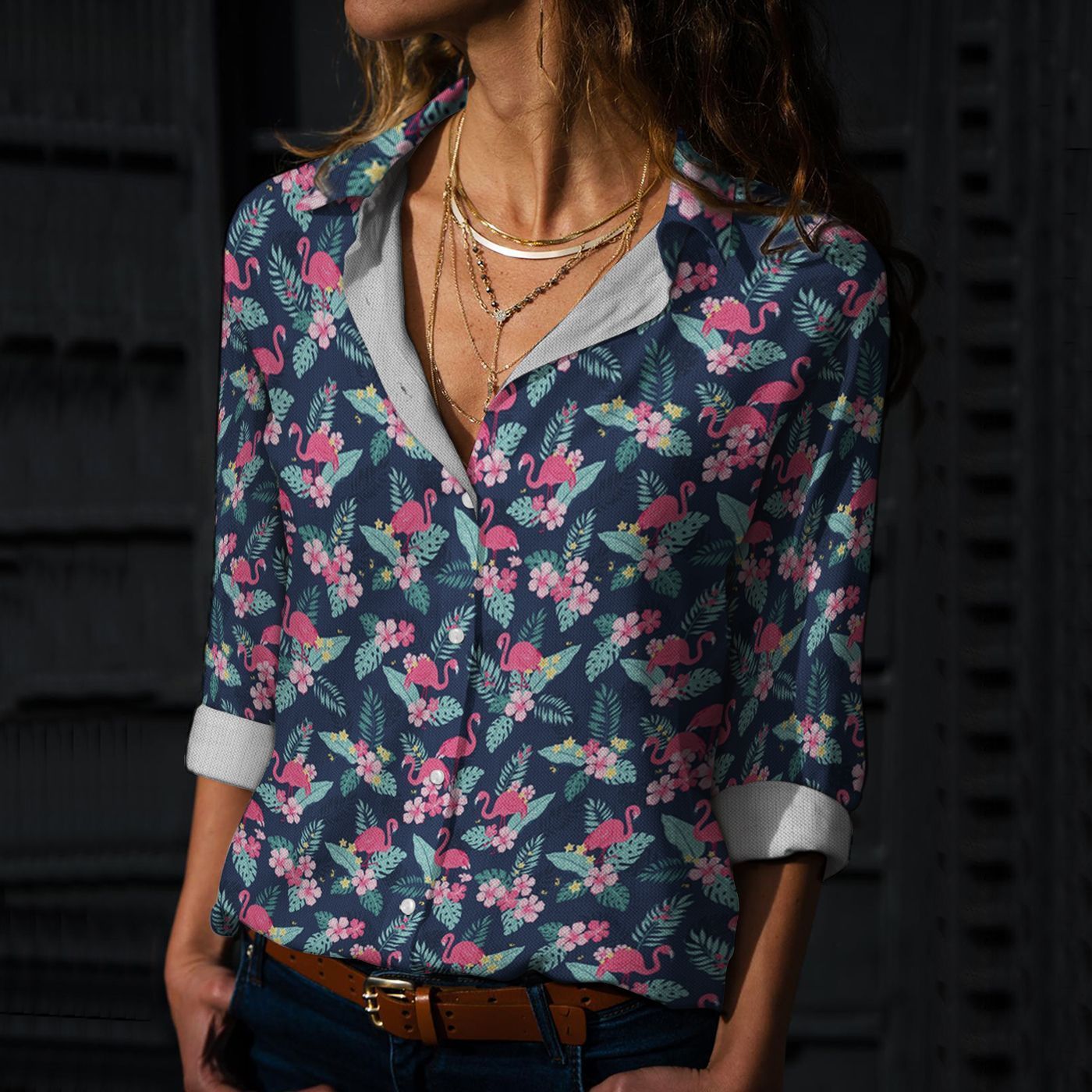 Tropical Flamingos – Navy Cotton And Linen Casual Shirt, Bird Casual Shirt