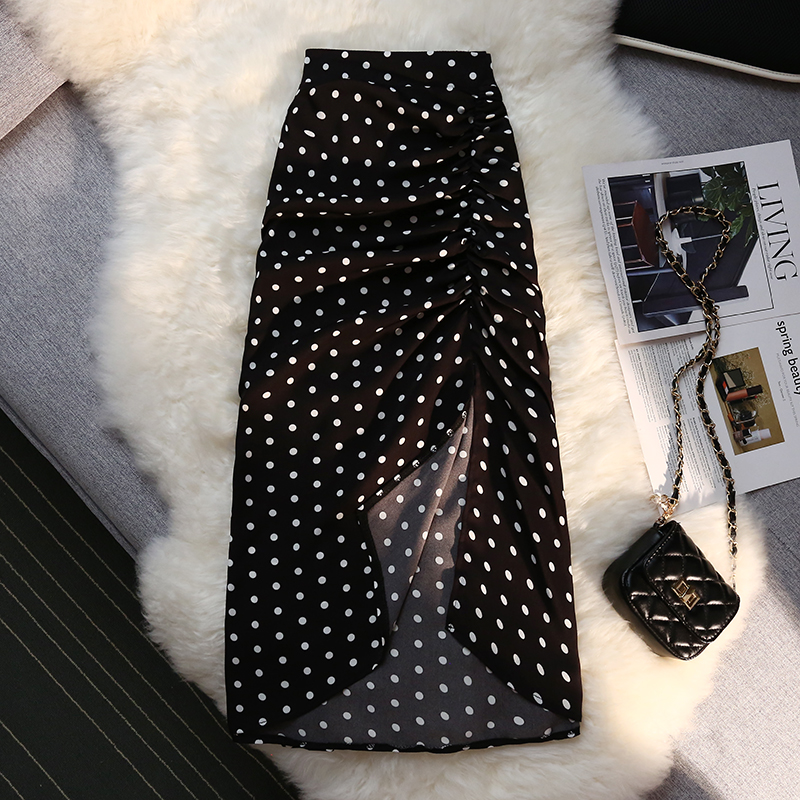 Autumn winter long skirts women elastic high waist drawstring split polka dot skirt ladies fashion Shirring bodycon pencil skirt alx