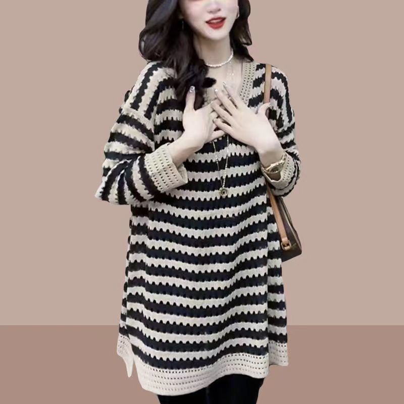 Women’s Clothing Loose V-Neck Striped Sweaters Autumn New Korean Casual Long Sleeve Stylish Hollow Out Female Jumpers Knitted alx