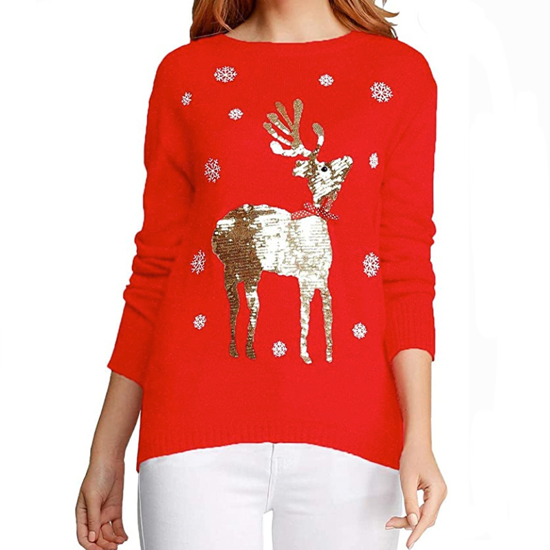 Christmas Tree Print Jumper with Sleeve Sweater for Women 2022 Ladies O-neck Knitted Xmas Sweaters Jersey Red Oversized Pullover alx