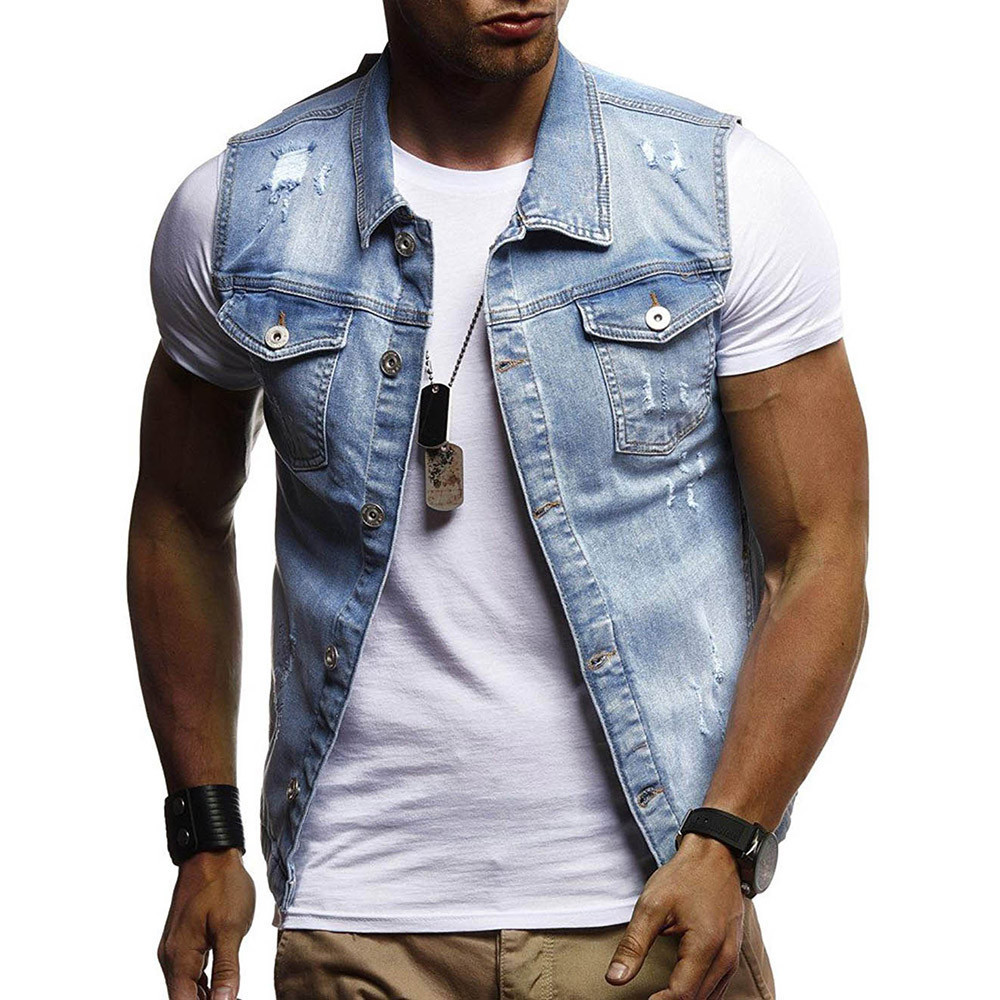 Sleeveless Cowboy Vest for Men Lapel Pocket Stretch alx