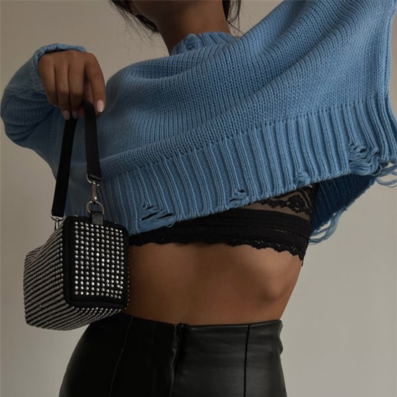 Women Knitted Sweater Ripped Hole Hem Sexy Crop Top Long Sleeve Female Jumper 2022 Autumn Winter Casual Loose O-neck Pullover alx