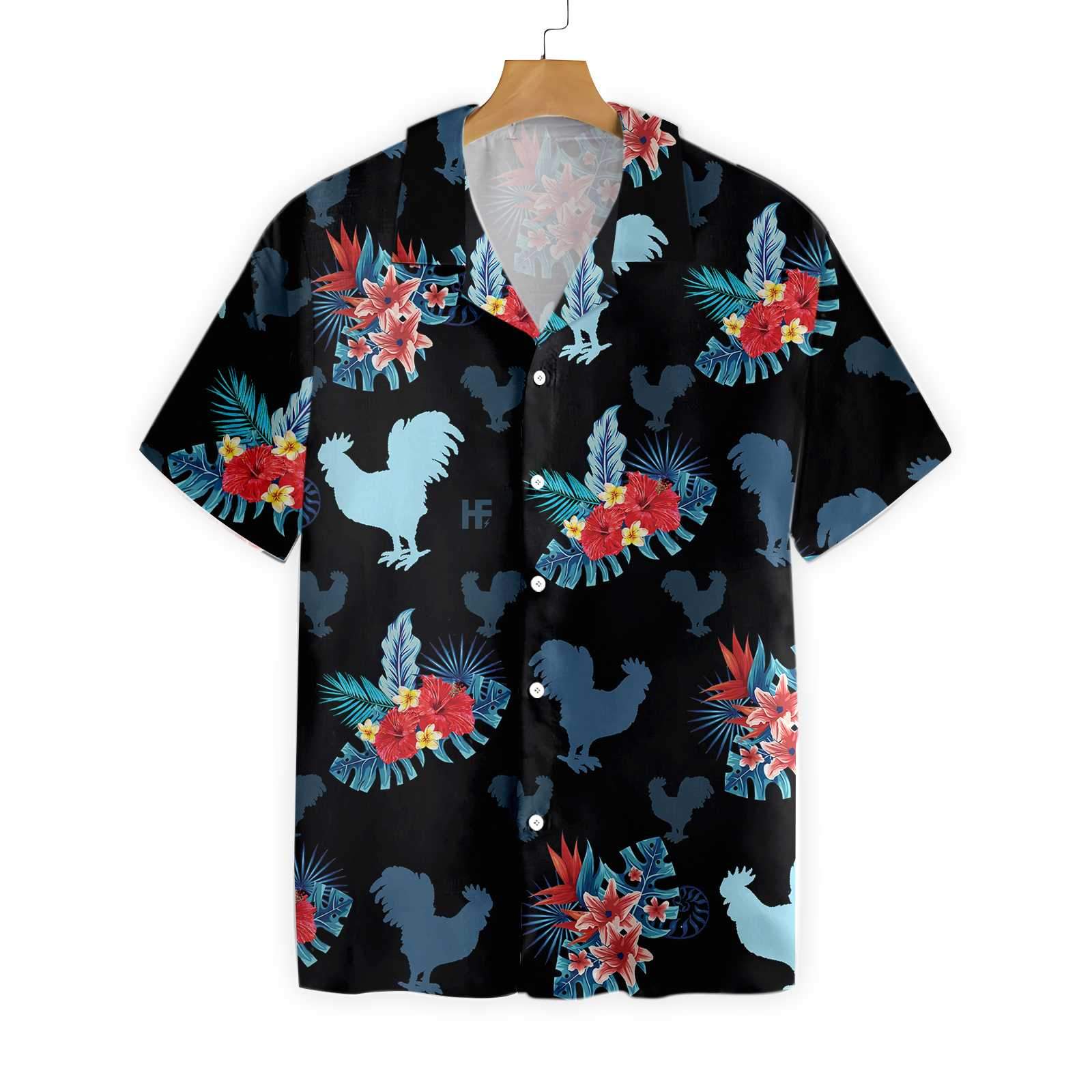 Rooster In Tropical Blue Hawaii Shirt Ha9798