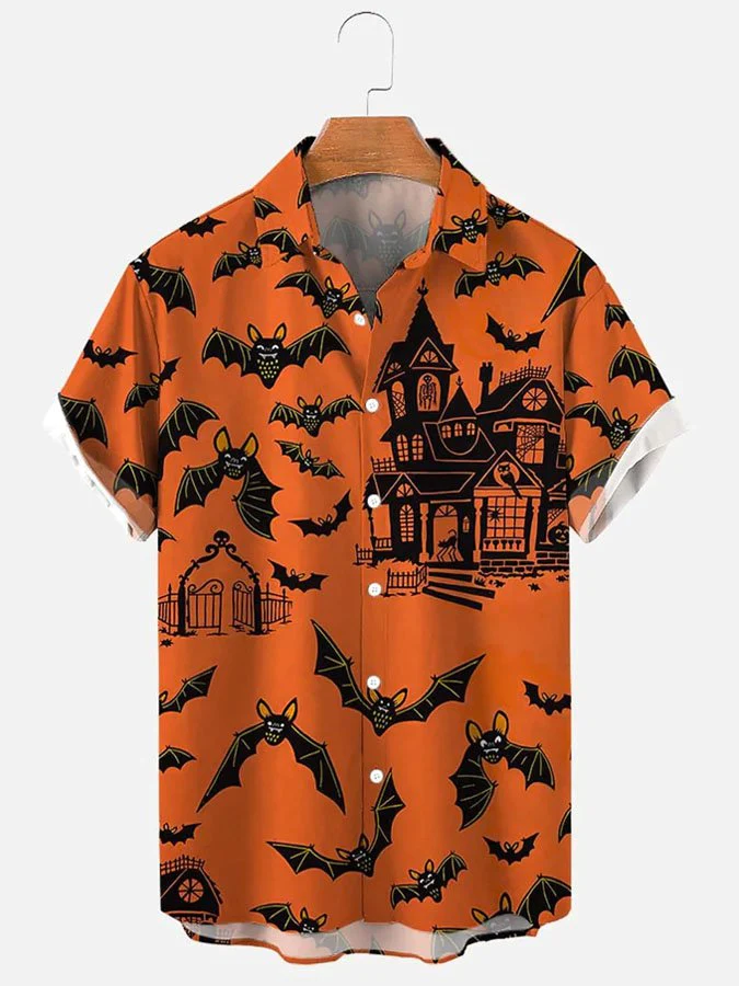 Halloween Bat Pumpkin Print Short Sleeve Hawaii Funny Shirt Ha41758