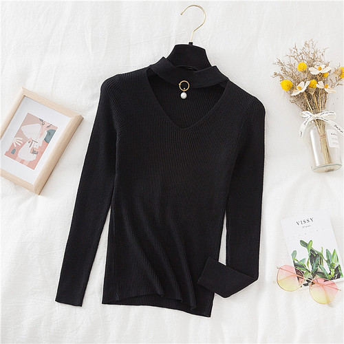 Woherb 2022 Basic V-neck Beading Solid Autumn Winter Sweater Pullover Women Knitted Sweaters Slim Stretch Badycon Jumper Mujer alx