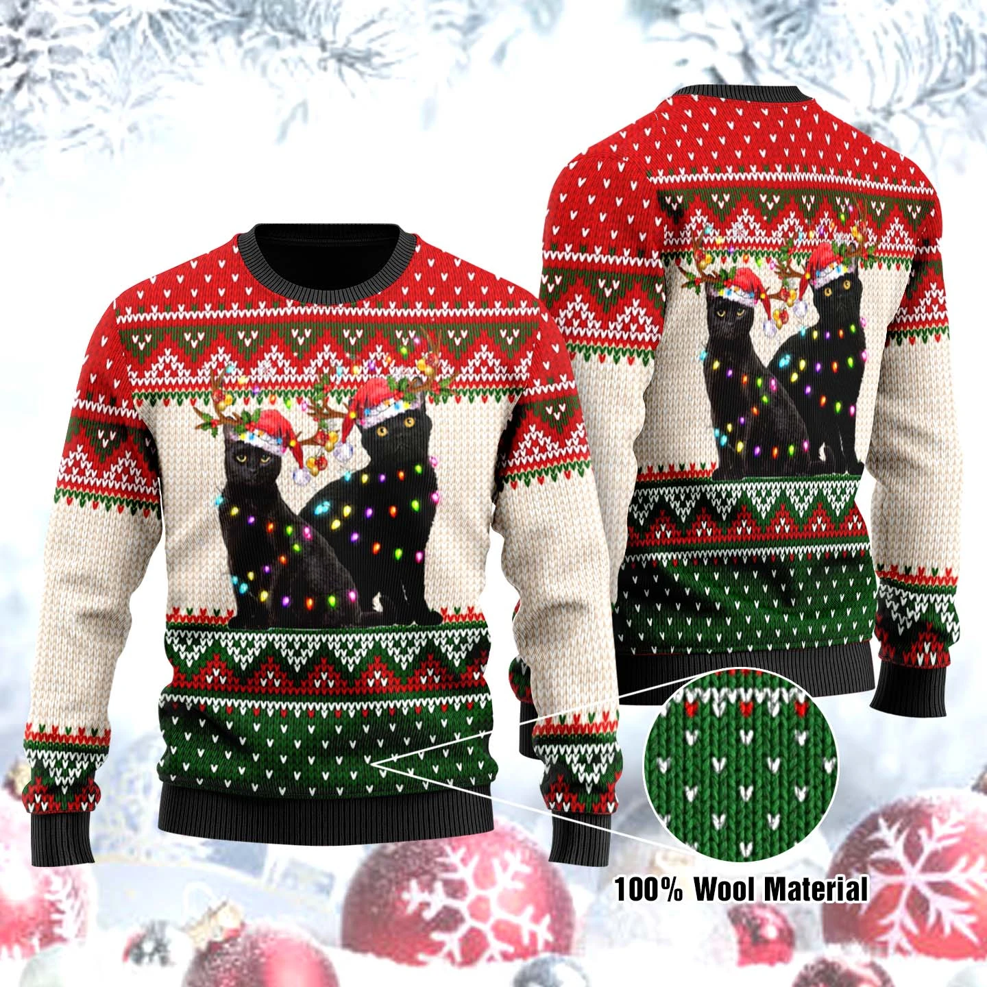 Black Cat Twins Ugly Christmas Pattern Wool Sweater