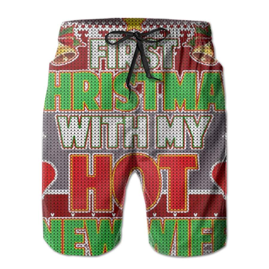 2 Pack First Christmas With Hot Wife Ugly Sweater Poster Men Swim Trunks Drawstring Elastic Waist Quick Dry Beach Shorts with Mesh Lining Swimwear Bathing Suits