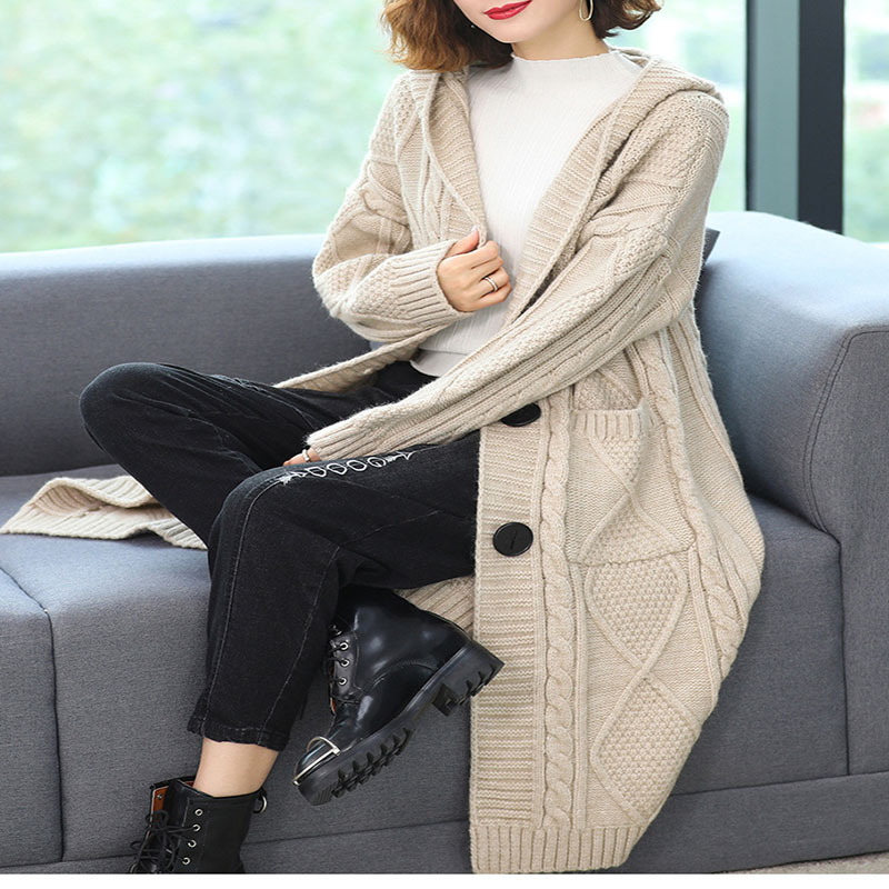 Autumn/winter new hooded coat loose thick thread in the long knitted cardigan sweater sweater coat female cardigan alx