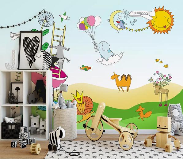 3D Hand Drawing Color Cartoon Animals Wall Mural Wallpape  446