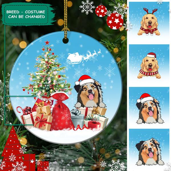 Dog With Christmas Tree Ornament – Pet Christmas Keepsake Ceramic Ornament – Personalized Dog Lovers Decorative Christmas Ornament