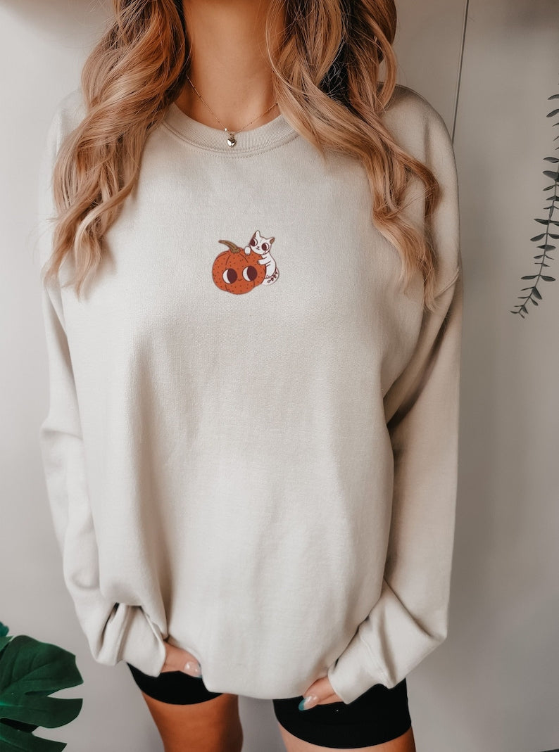 Fall Pumpkin Cat Halloween Embroidered Sweatshirt Crewneck Sweatshirt All Over Print Sweatshirt For Women Sweatshirt For Men Sws2762