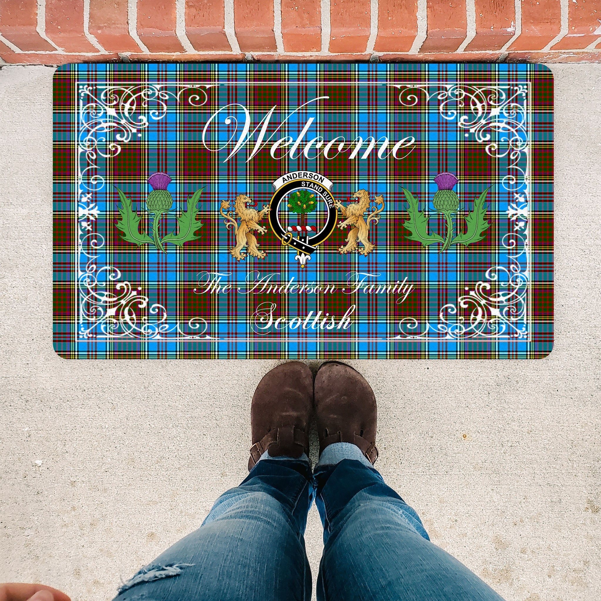 Scotstee Shop Tartan Door Mats Clan Anderson Badge Tartan Thistle And Two Lion Scottish Plaid Doormat, Christmas Door Mat Gift