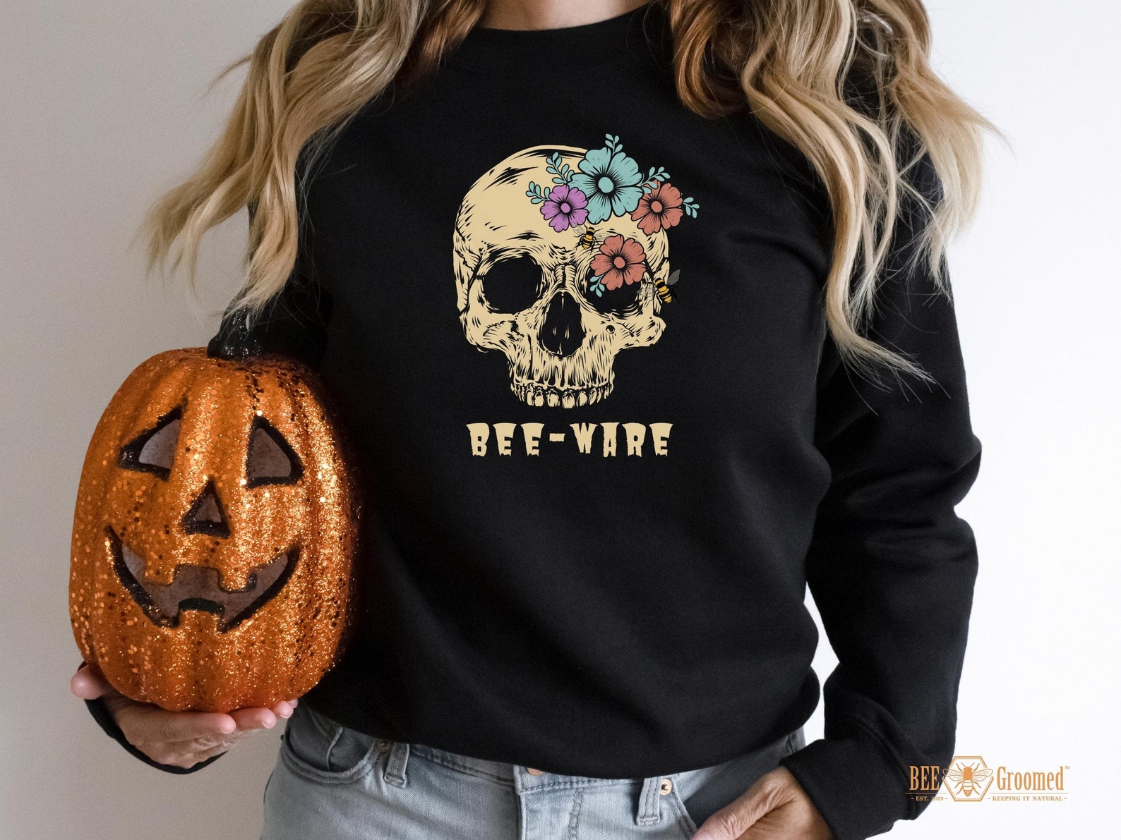 Bloom Skull Sweatshirt, Retro Halloween Sweatshirt, Skeleton Sweatshirt, 2D Crewneck Sweatshirt All Over Print Sweatshirt For Women Sweatshirt For Men