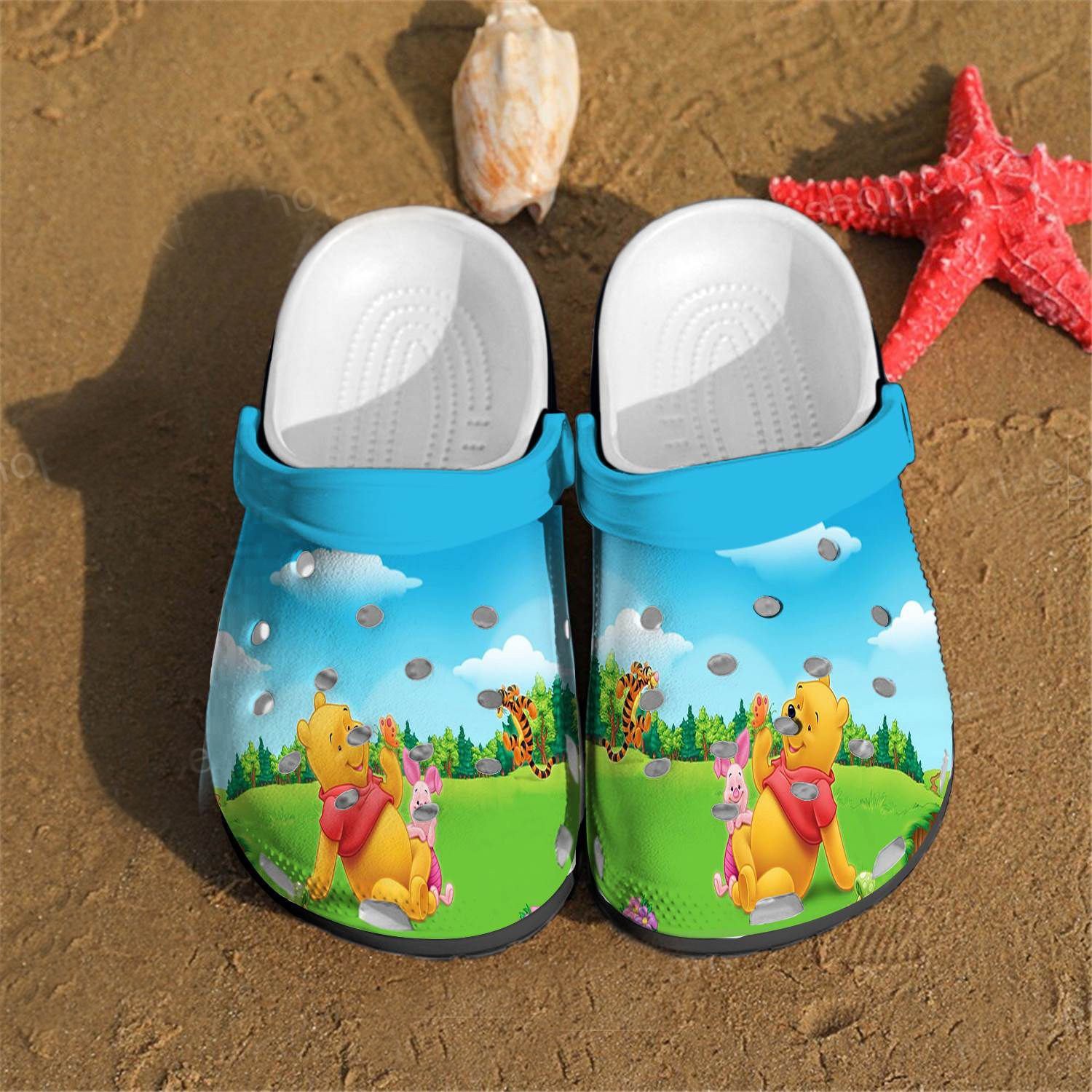 Winnie The Pooh Bear Rubber Crocs Crocband Clogs, Comfy Footwear