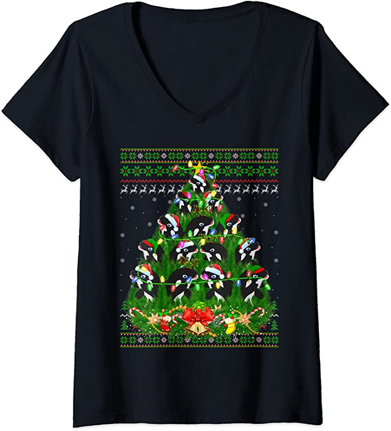 Womens Orca Lover Xmas Lights Ugly Orca Christmas Tree V-Neck T-Shirt