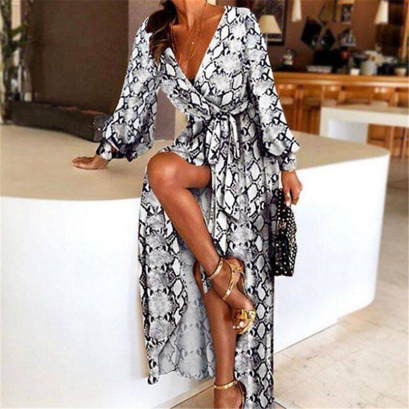 Sexy V-Neck Leopard Print Long Sleeve Long Maxi Dresses