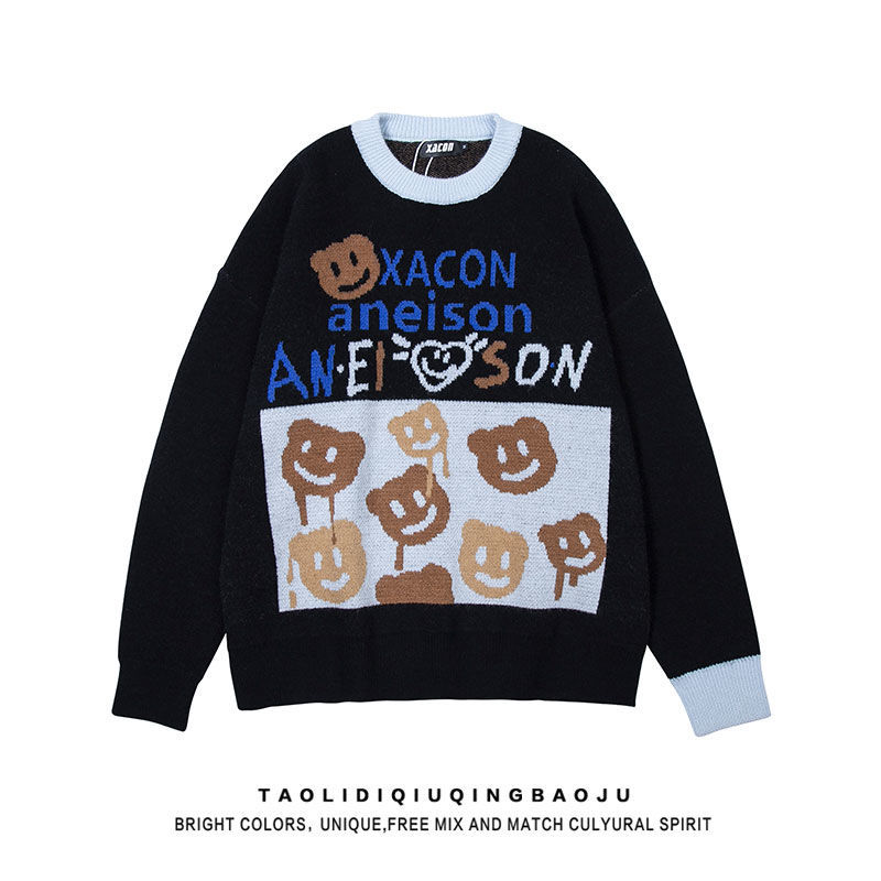 American-Style Street Bear Color Contrast Pullover Sweater Womens Mens Autumn And Winter Loose Lazy Harajuku Couple Sweater Tops alx