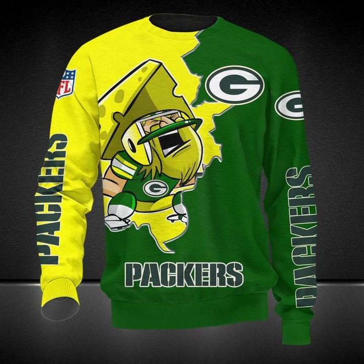 Green Bay Packers Yellow Green Cartoon Bring Chesse Gift For Fan Ugly Wool Sweater Christmas