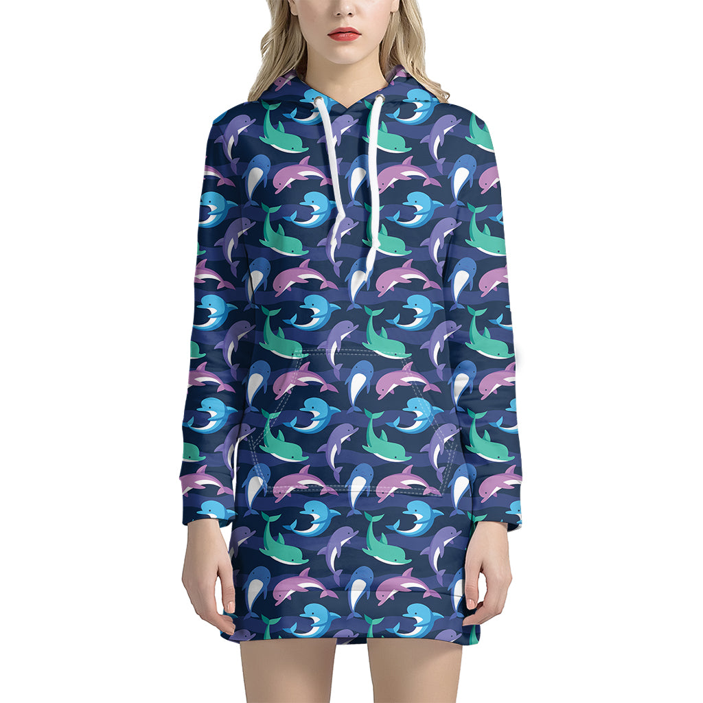 Colorful Dolphin Pattern Print Women’S Pullover Hoodie Dress