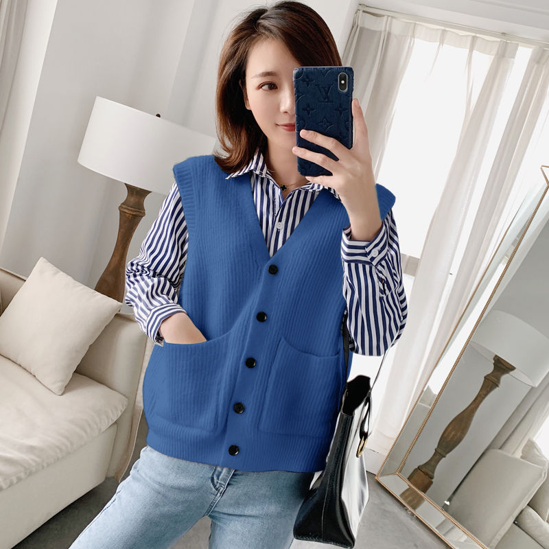 Spring Sweater Vest Women V-neck Korean Style Elegant Pocket Buttons Design Multicolors Simple All-match Sweaters Casual Trendy alx