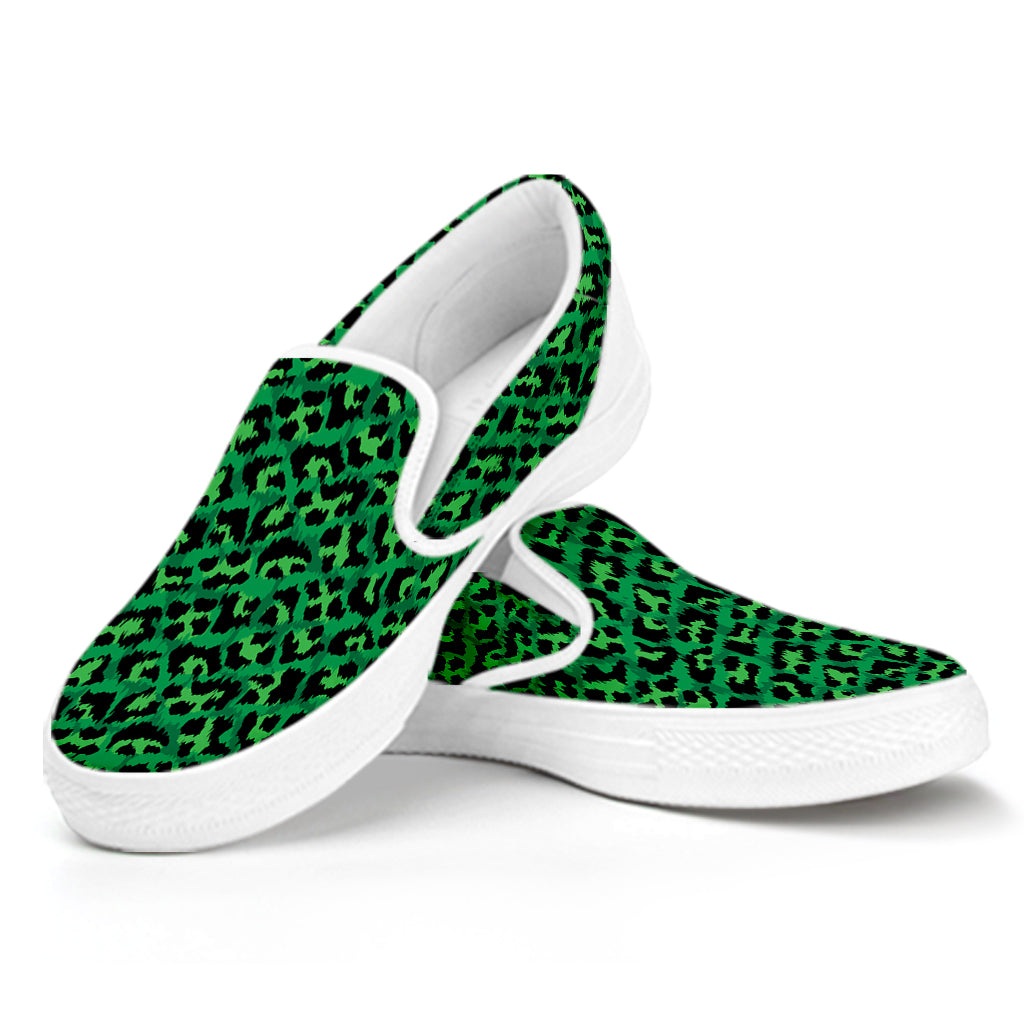 Green Leopard Print White Slip On Shoes