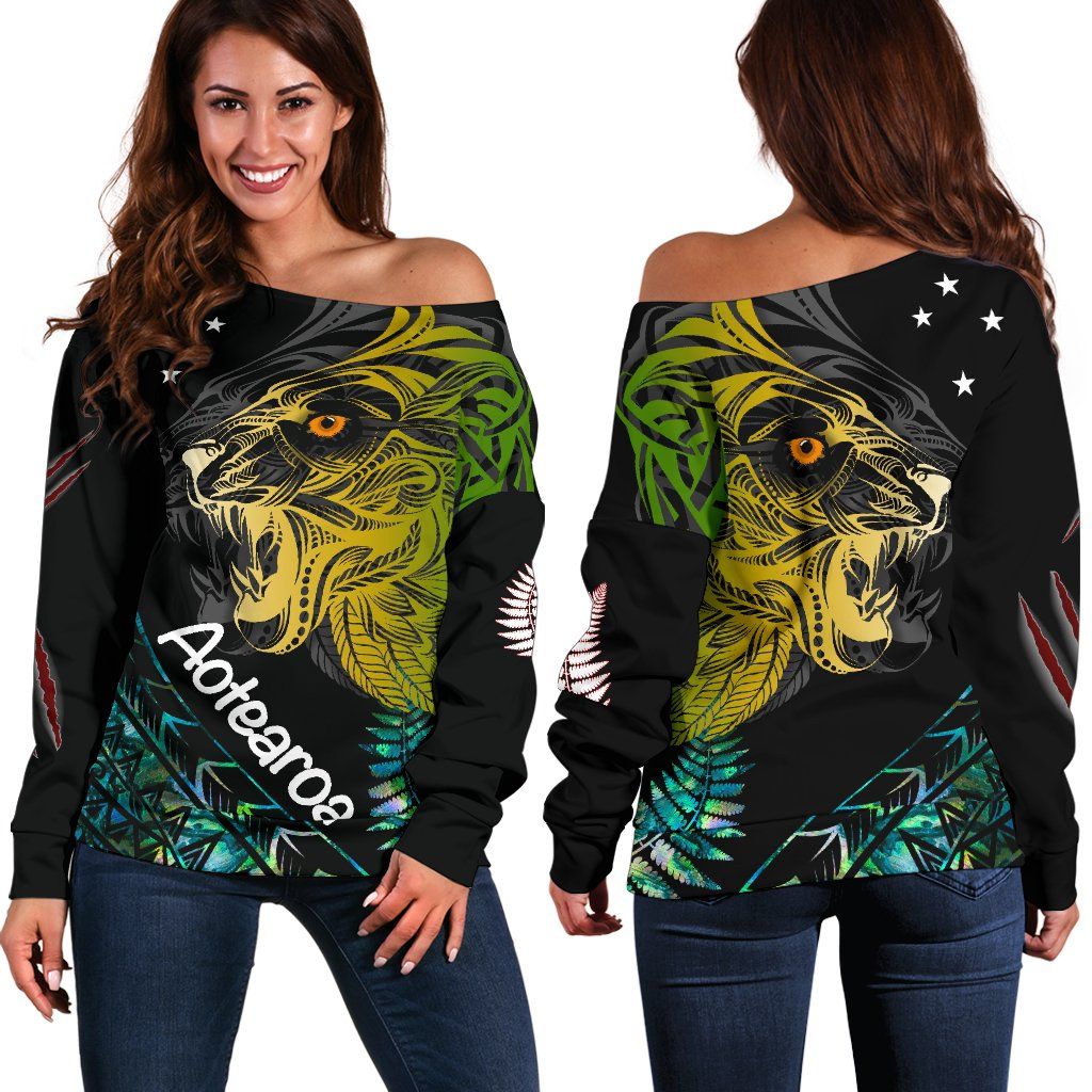 Aotearoa Tiger Off Shoulder Sweater Maori Paua Shell Version K13