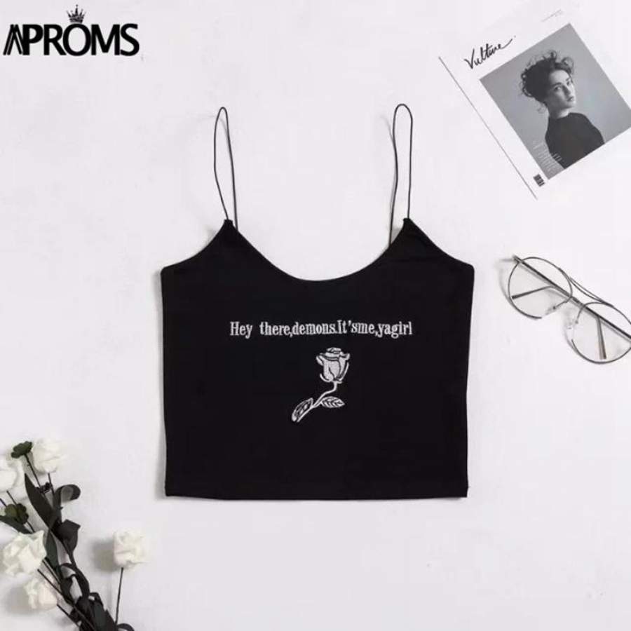 Aproms Streetwear Rose Embroidery Basic Camis Women High Fashion Candy Stretch Crop Top 90s Cool Girls Short Bustier Tank Tops