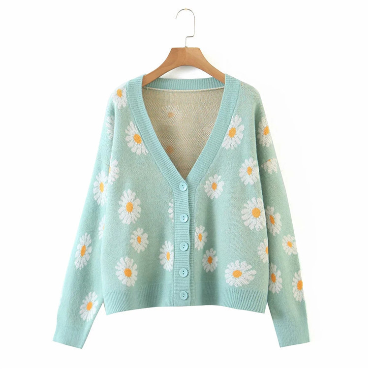 Autumn College Knit Cardigans Sweater Women Loose V Neck Flower Green Sweater Female Short Cute Casual Coat Thicked Coat alx