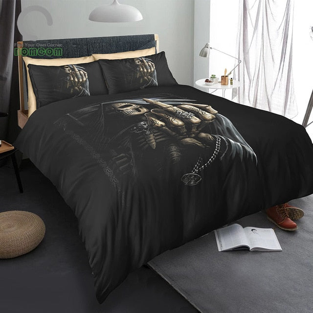 3D Digital Printing Magic Skull Bedding Set Finger up Grim Reaper Poster Duvet Cover S 100% Microfiber Black