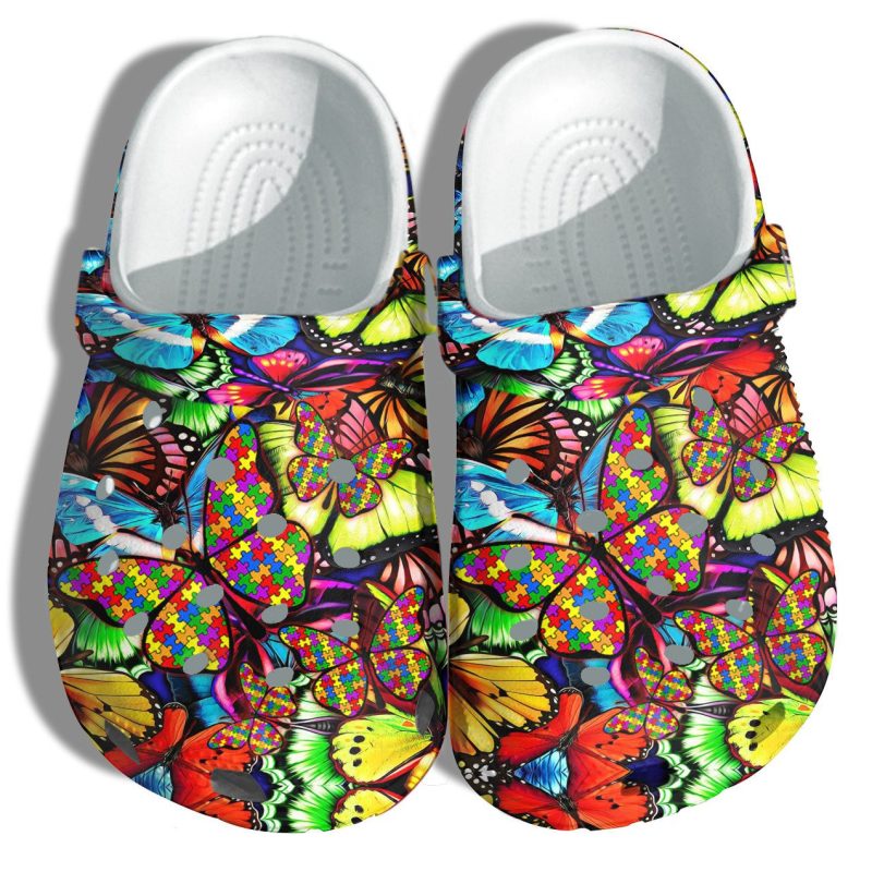 Butterfly Puzzel Autism Awareness Shoes – Rainbow Butterfly Autism Girl Shoes Croc Clogs Gifts For Women