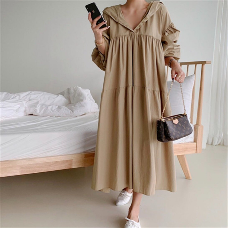 2021 early spring simple solid cascading pleated hoodies down solid long dress simple classic retro temreprament dress 2021 new alx