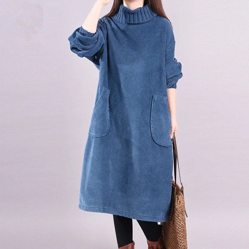 Women Autumn Winter Dress New Retro Corduroy Vestidos Add Velvet High Neck Dress Mid-Length Loose Pullover Sweater Female 2022 alx