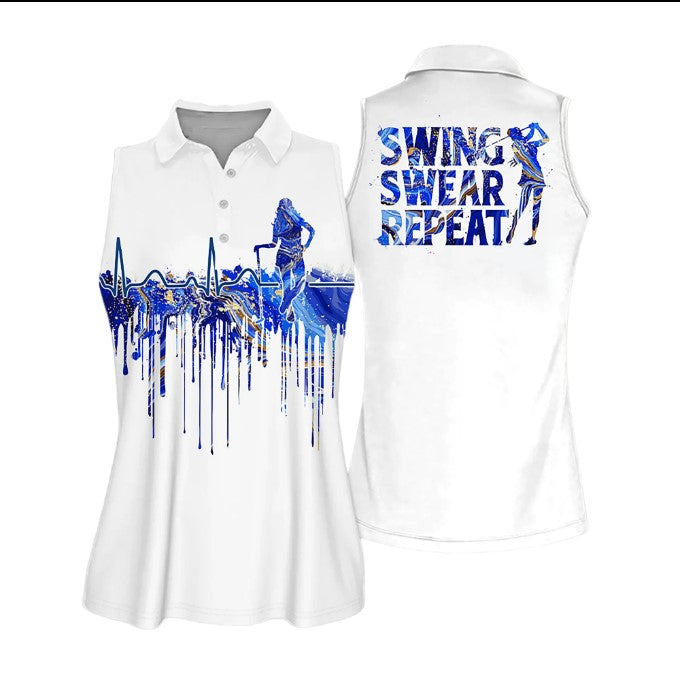 Blue Marble Swing Swear Repeat Sleeveless Polo Shirt, Women Golf Shirt