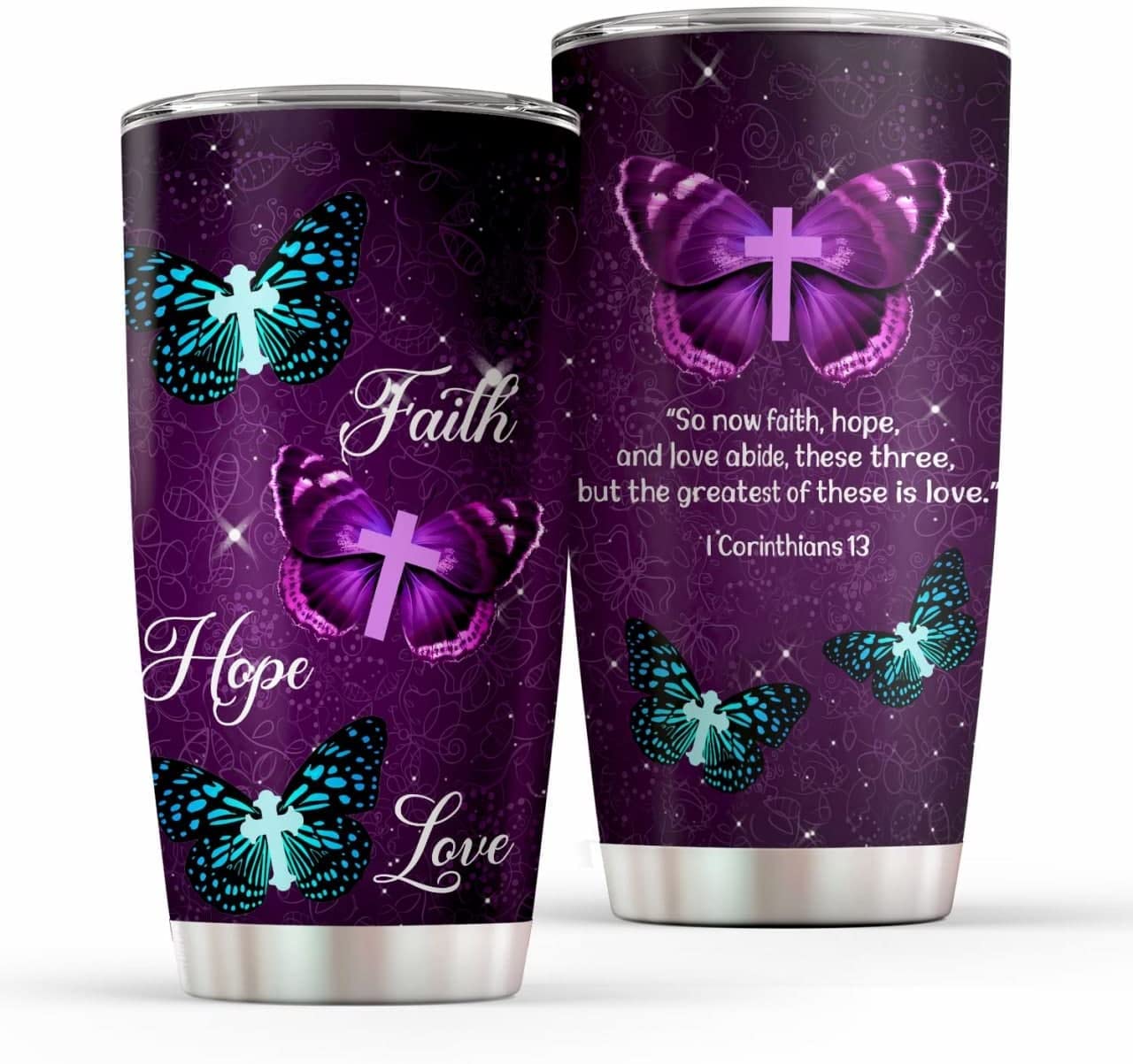 Purple Butterfly Faith Hope Cross Bible Love I Believe In God Personalized Stainless Steel Tumbler 20Oz Gift For Women Bible Study Christian For Birthday Aniversary Wedding Holiday