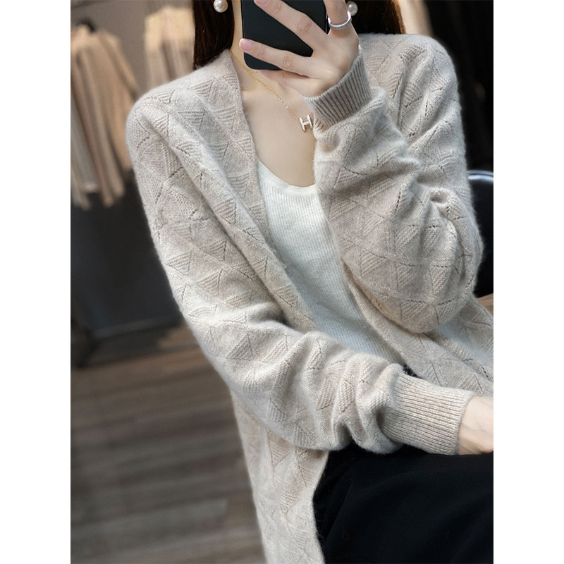 100% Wool Cashmere Cardigan Sweater Casual Fashion New Knitted Long Sleeve Ladies V Neck Jacket Sweateautumn and winterr alx