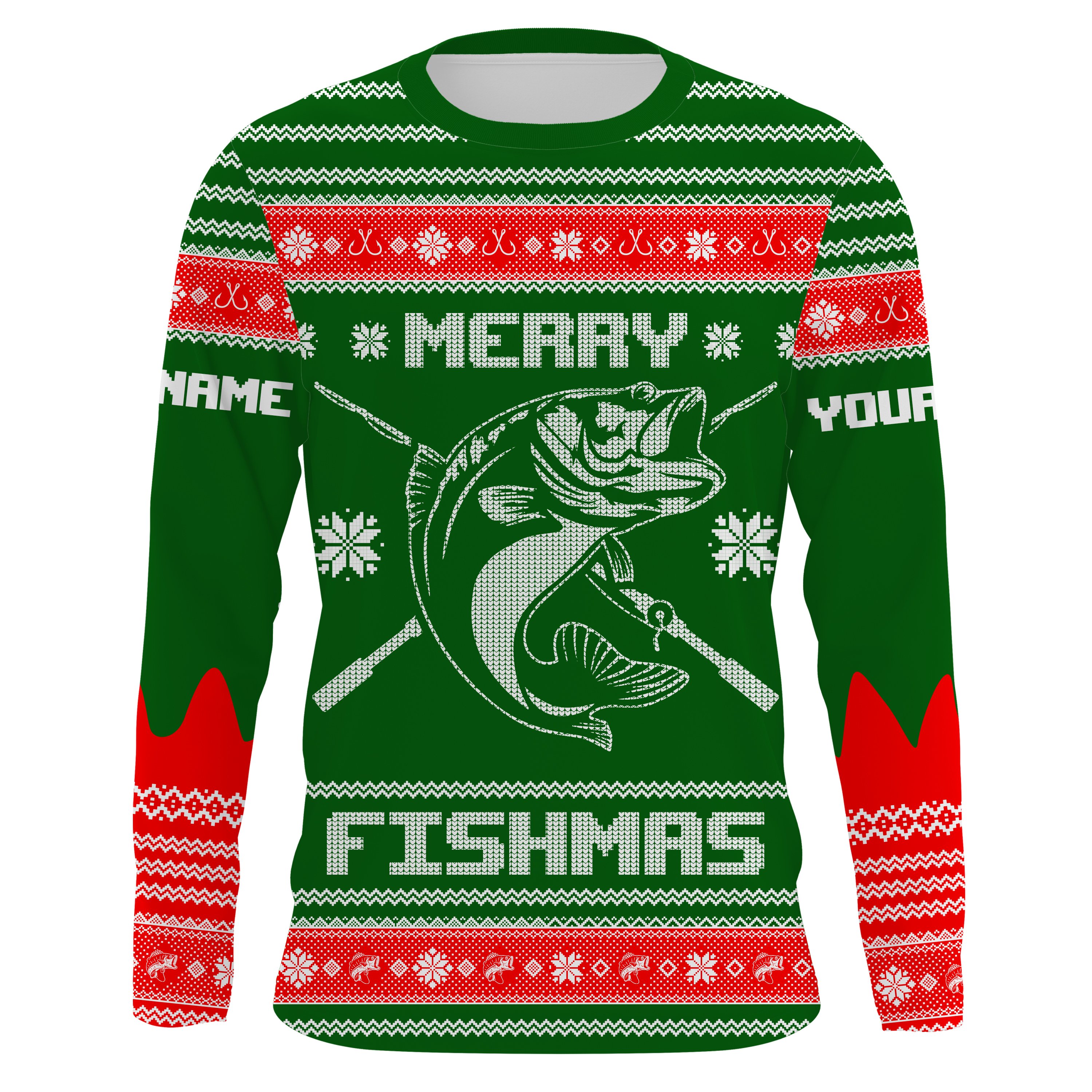 Bass Fishing Merry Fishmas Ugly Sweater Pattern Custom Long Sleeve Fishing Shirts, Christmas Fishing Gifts – Iphw1872