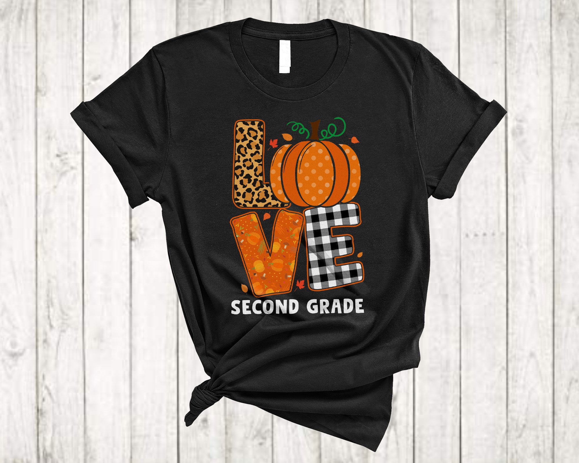 Thanksgiving Pumpkin Shirt Love Second Grade Cute Thanksgiving Kids Teacher Pumpkin Leopard Plaid T-Shirt