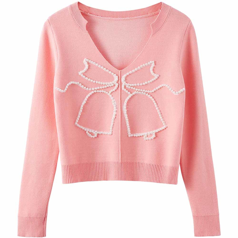 2022 New Women Sweater Knitted Long Sleeve Bow Bell Beading Short Cropped Pullover Black Gray Pink alx